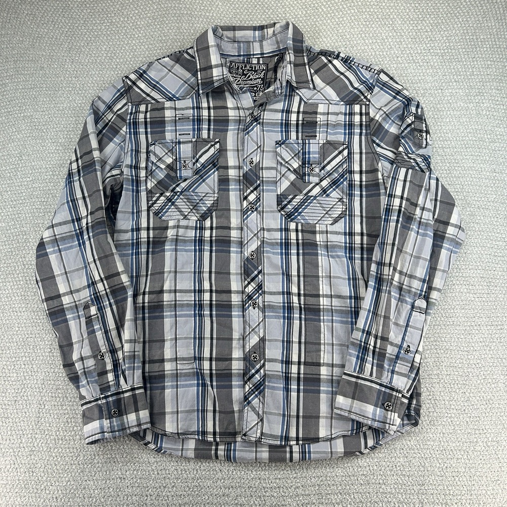 Affliction Black Premium Shirt Men's Large‎ Plaid Button Up Embroidered Grunge